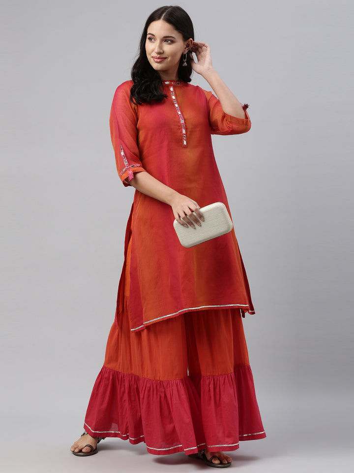 Neerus Pink Chanderi printed kurta set - front view