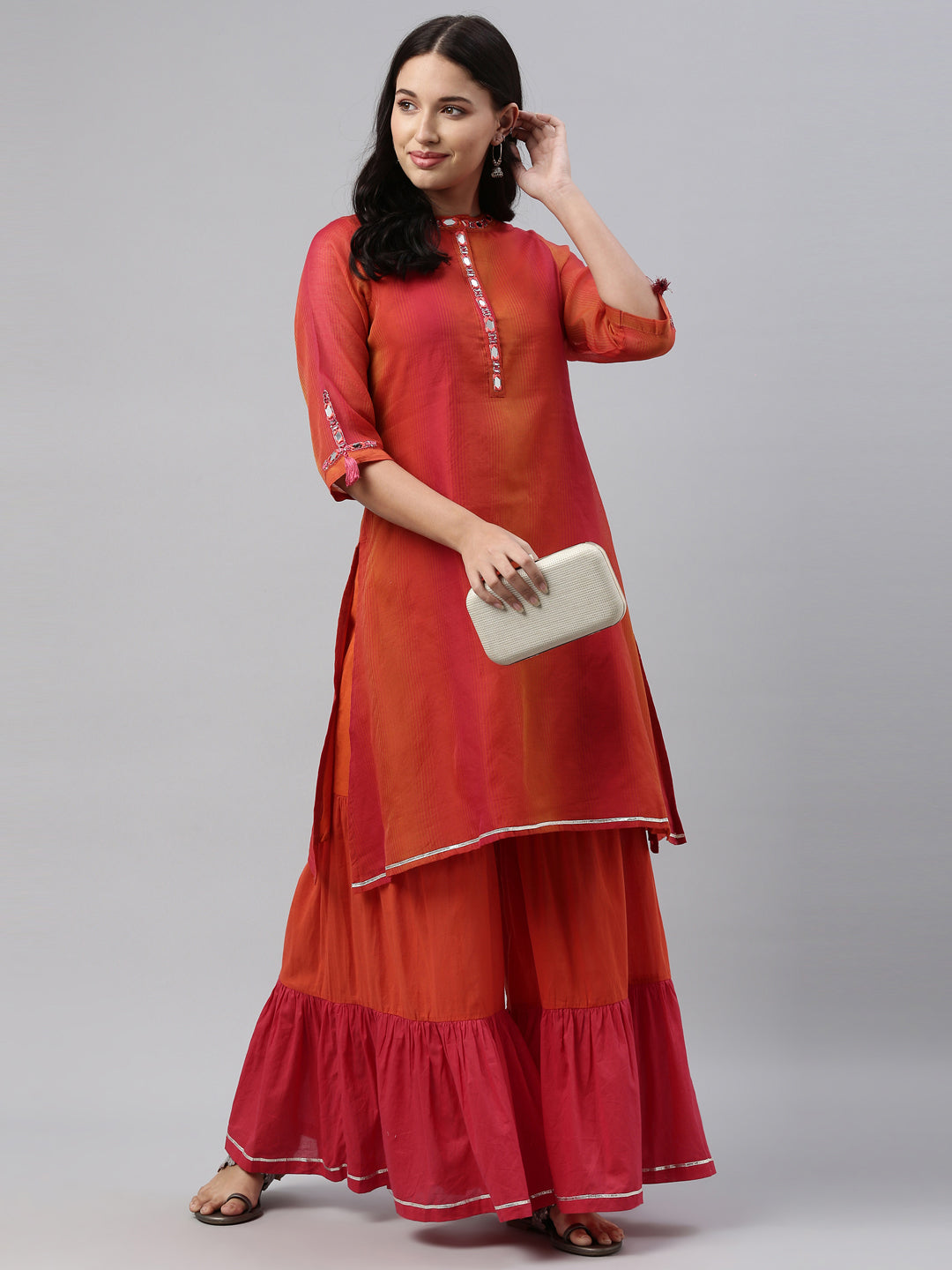 Neeru's Pink Orange Color Chanderi Fabric Tunic Set