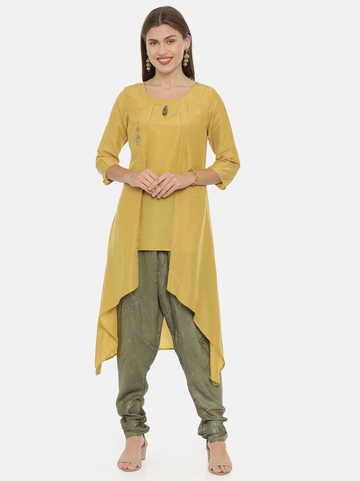 Neerus Yellow muslin embroidered high-low kurta - front view
