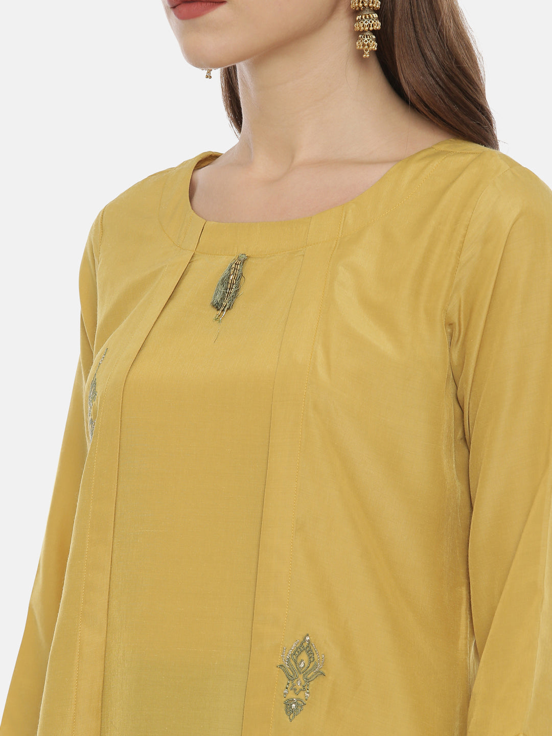 Neerus Yellow muslin embroidered high-low kurta - back view
