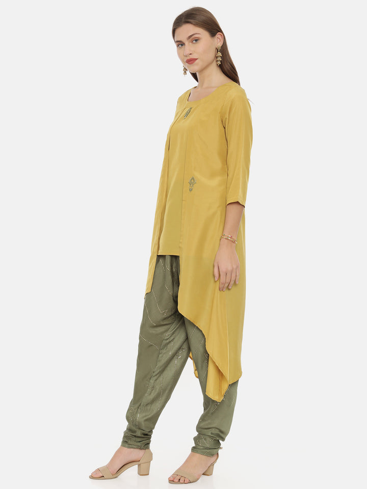 Neerus Yellow muslin embroidered high-low kurta - side view