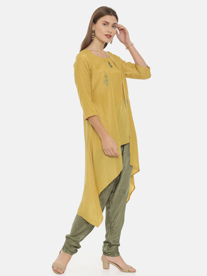 Neerus Yellow muslin embroidered high-low kurta - detail view 1