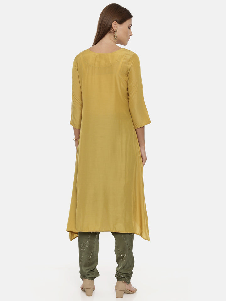 Neerus Yellow muslin embroidered high-low kurta - detail view 2