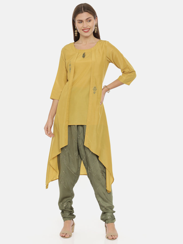 Neerus Yellow muslin embroidered high-low kurta - detail view 3