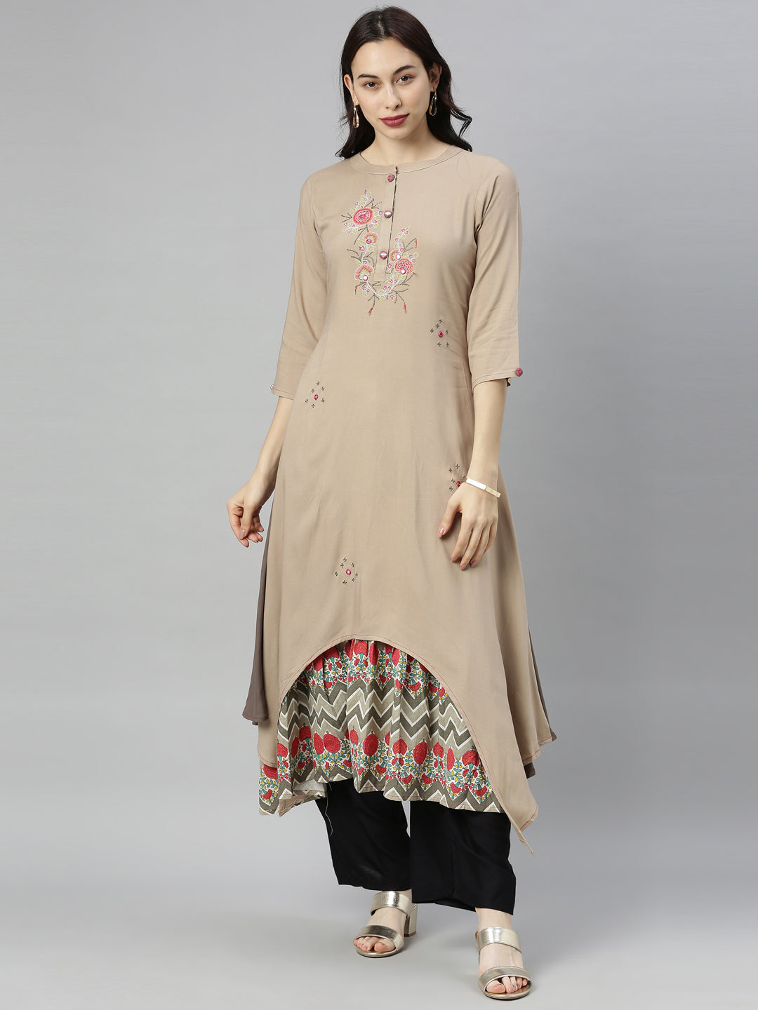 Neerus Brown Embroidered High Low Double Layered Kurta