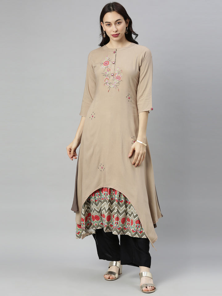 Neerus Brown Embroidered High Low Double Layered Kurta