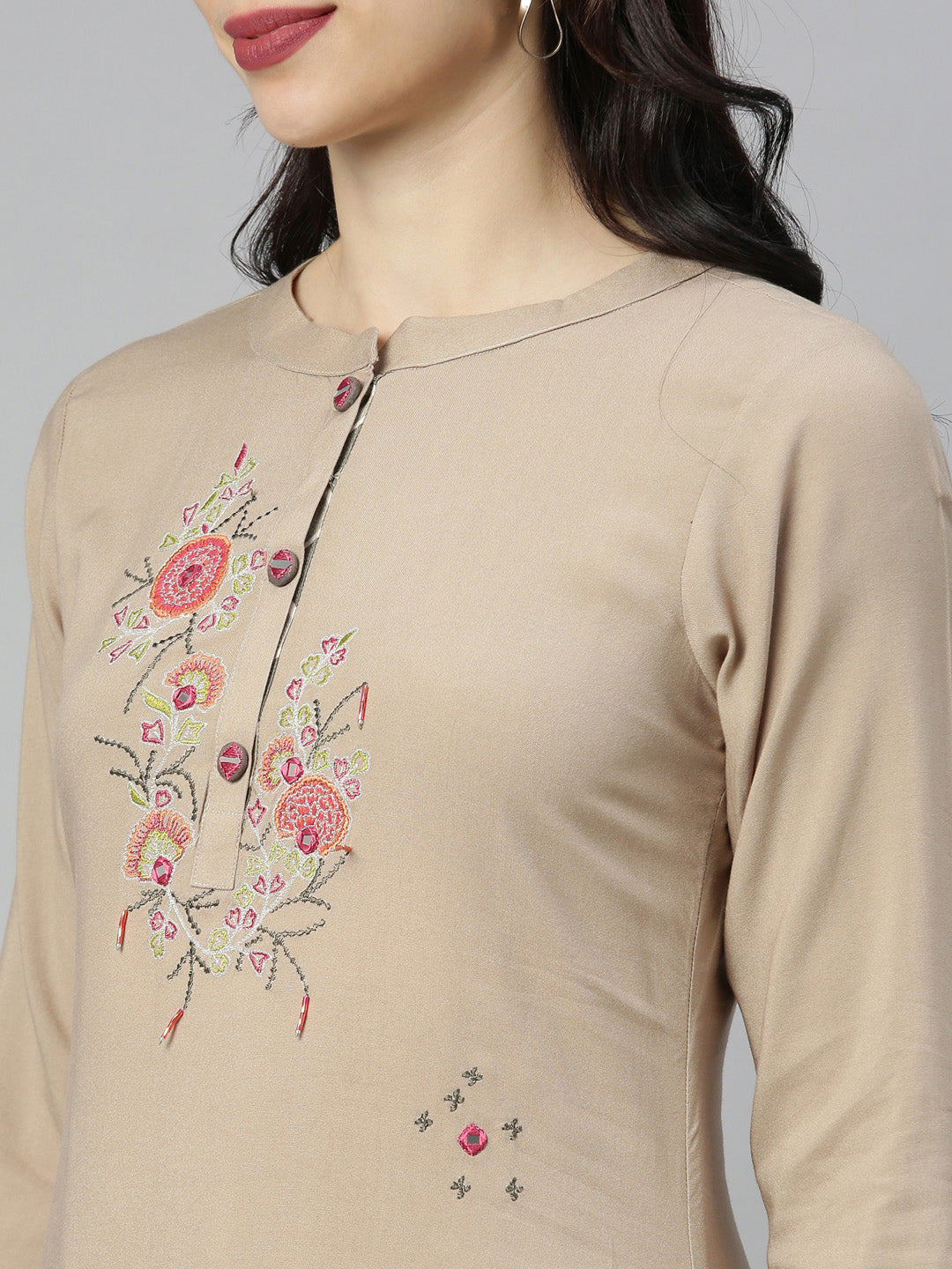 Neerus Brown Embroidered High Low Double Layered Kurta