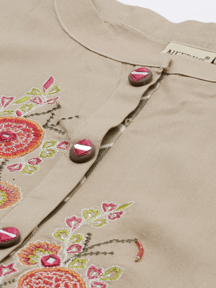 Neerus Brown Embroidered High Low Double Layered Kurta