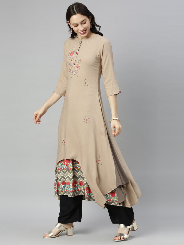 Neerus Brown Embroidered High Low Double Layered Kurta