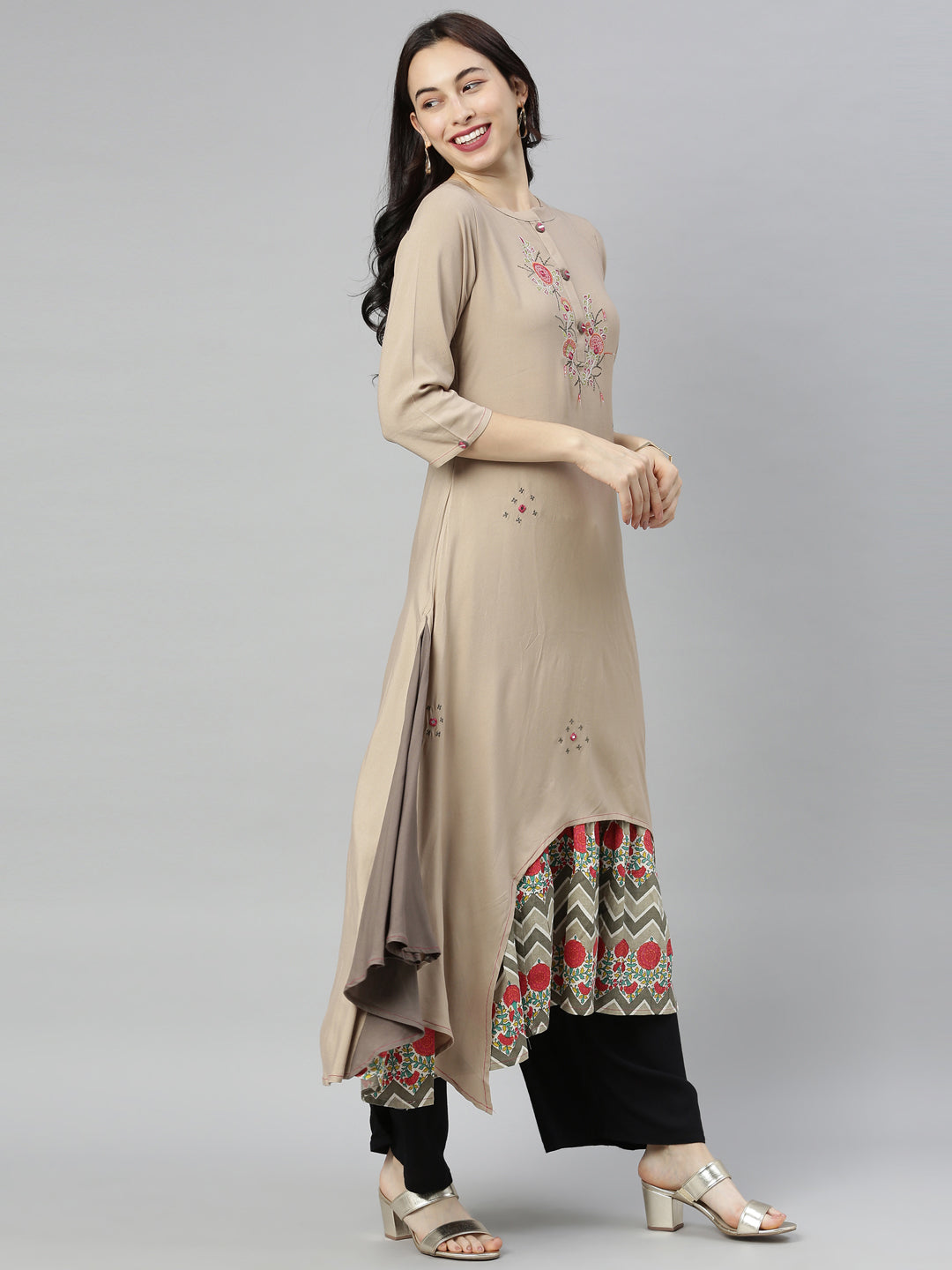 Neerus Brown Embroidered High Low Double Layered Kurta