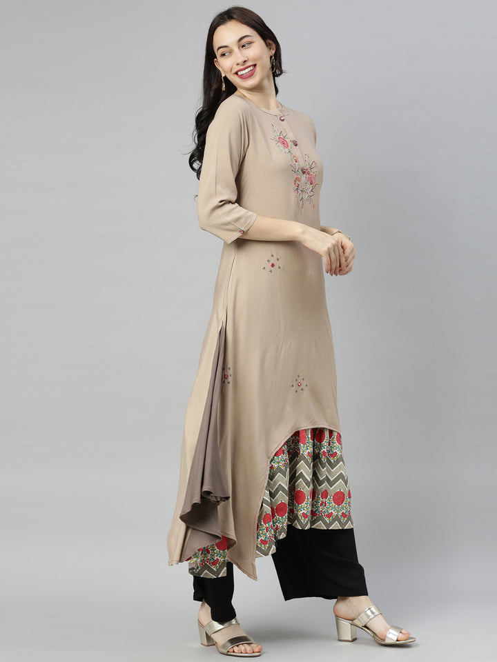 Neerus Brown Embroidered High Low Double Layered Kurta