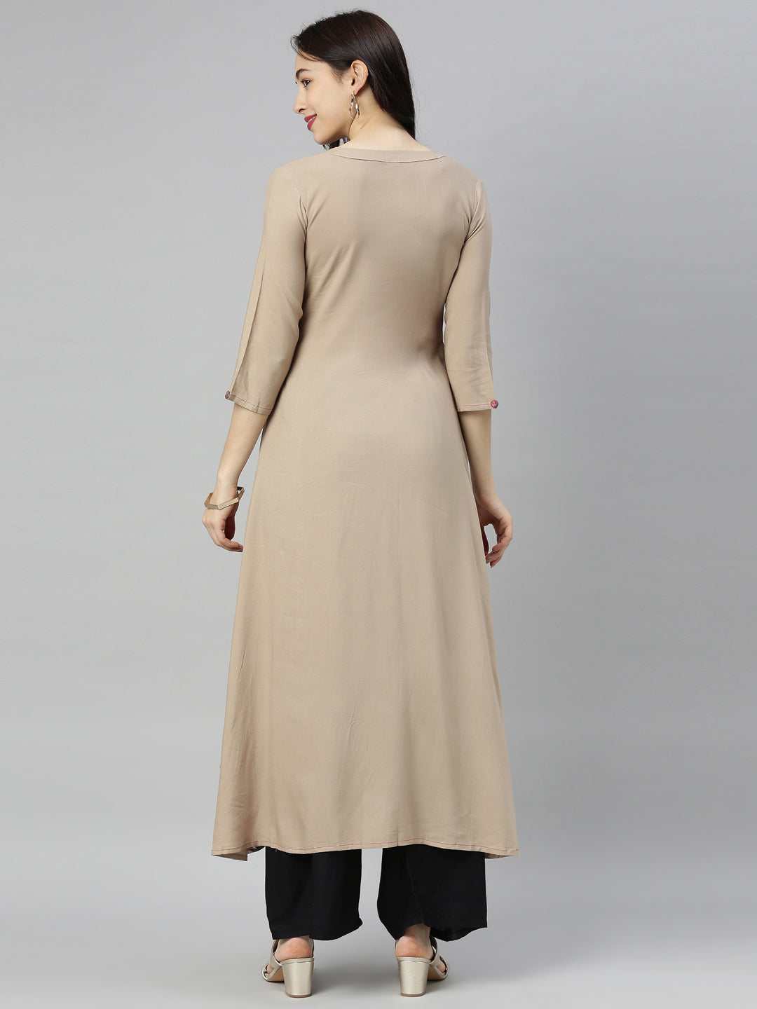 Neerus Brown Embroidered High Low Double Layered Kurta