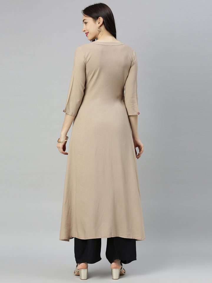Neerus Brown Embroidered High Low Double Layered Kurta