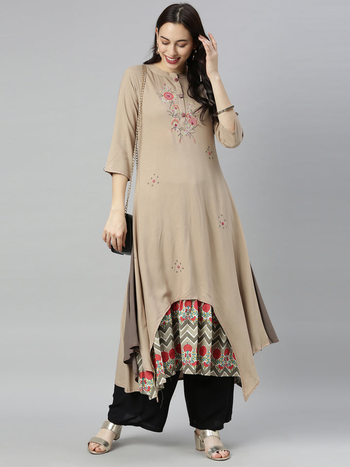 Neerus Brown Embroidered High Low Double Layered Kurta