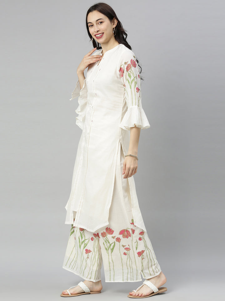 Neerus White Printed Kurta with Plazzo