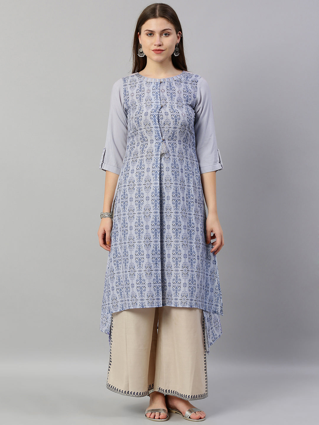 Neerus Blue Printed High Low Kurta