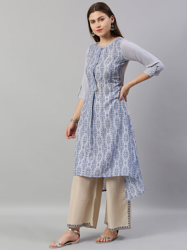 Neerus Blue Printed High Low Kurta