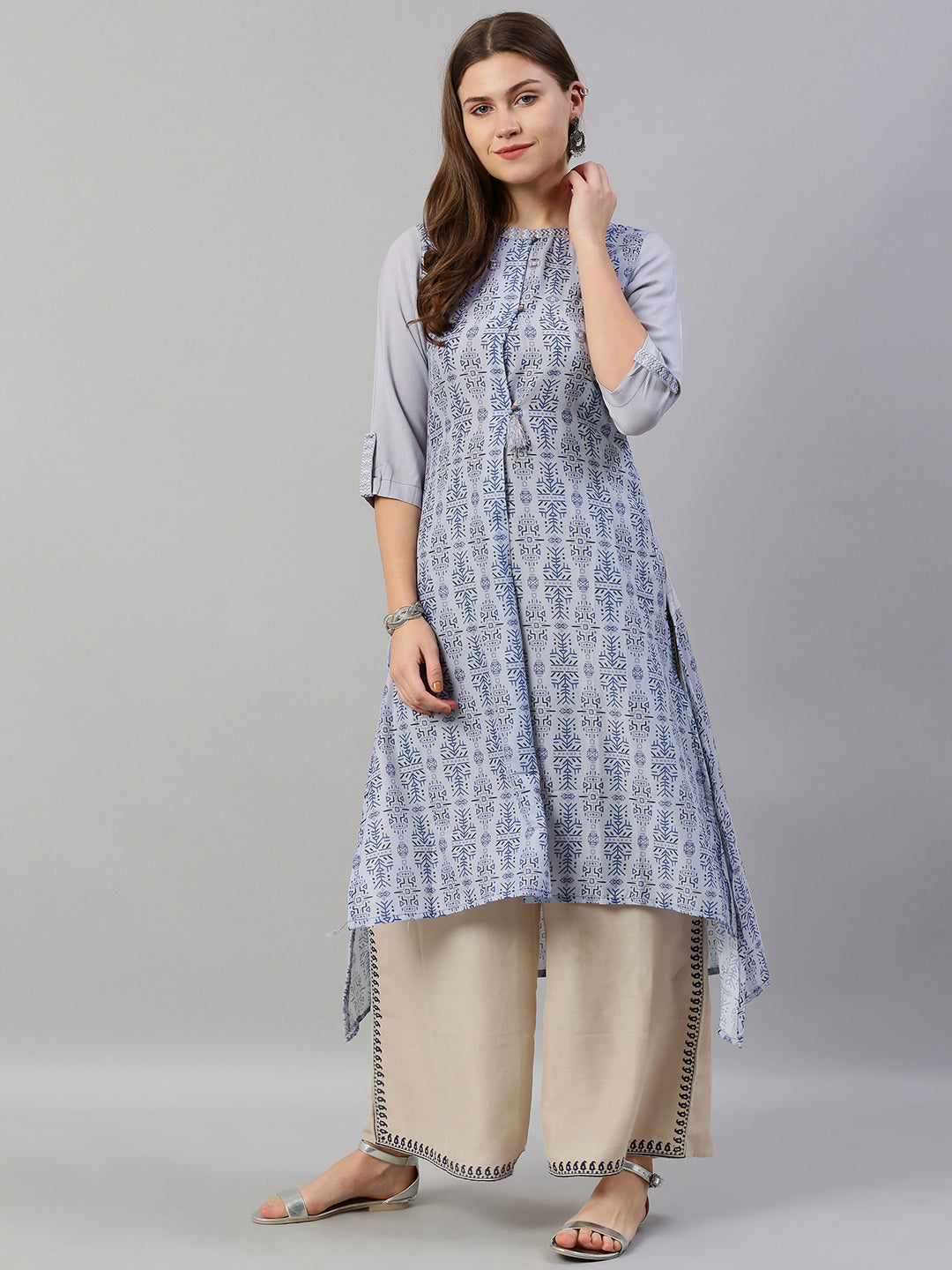 Neerus Blue Printed High Low Kurta
