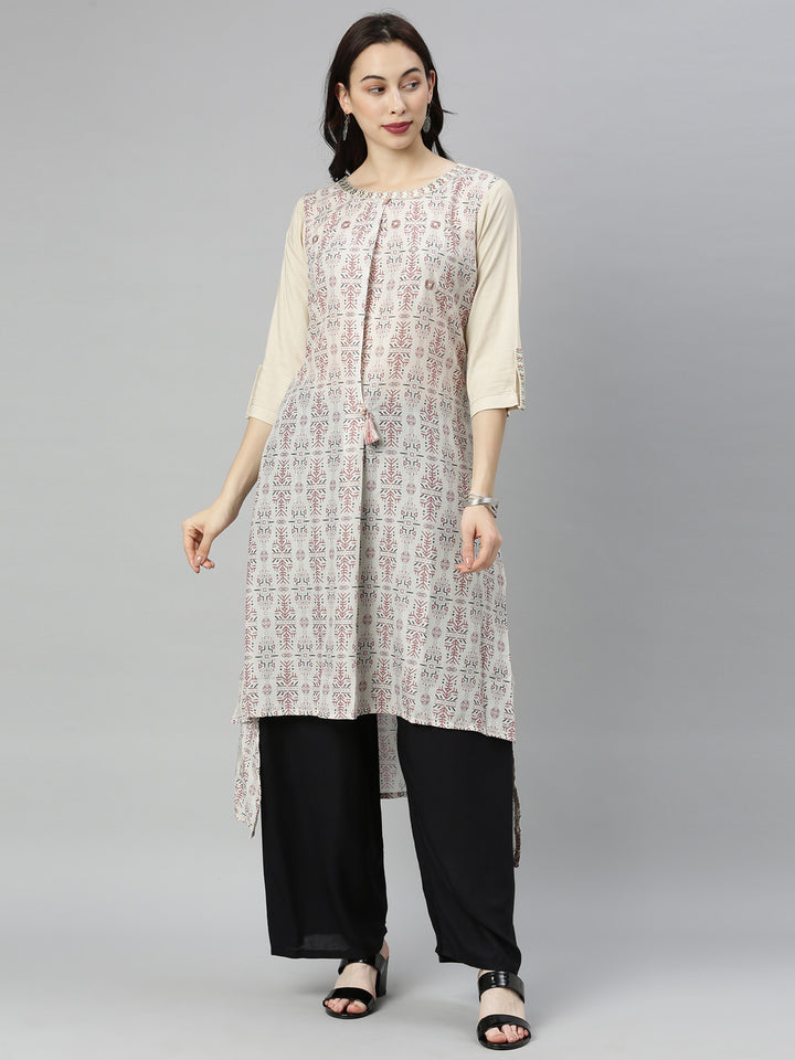 Neerus Beige muslin printed high-low kurta - front view