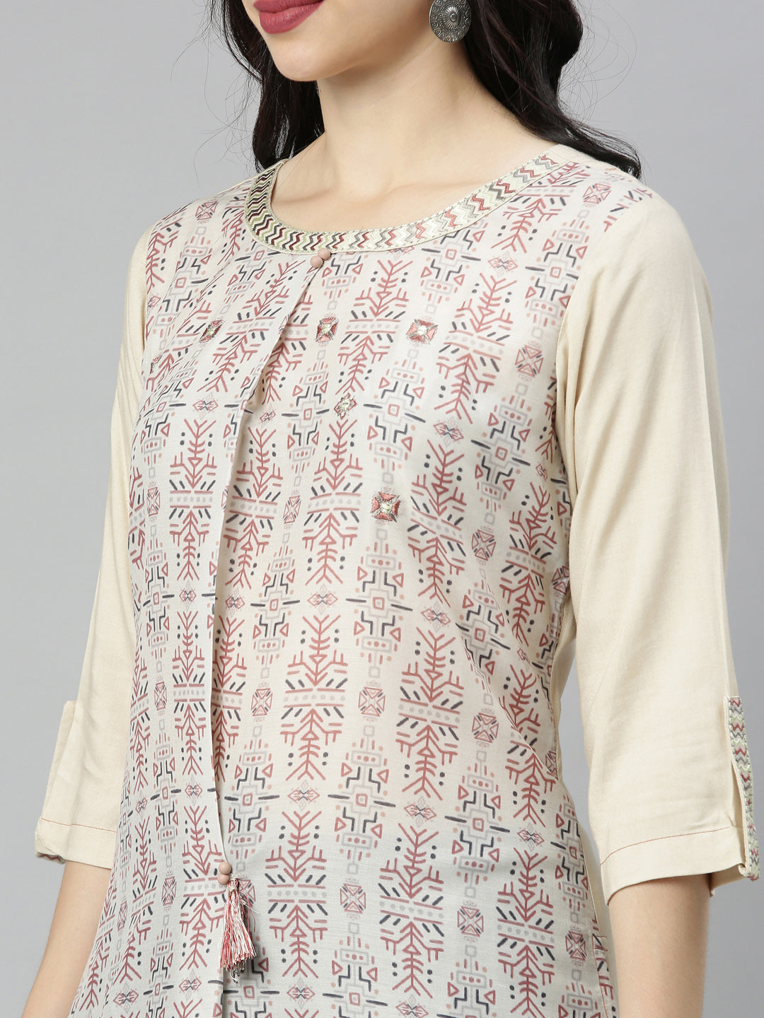 Neerus Beige muslin printed high-low kurta - back view