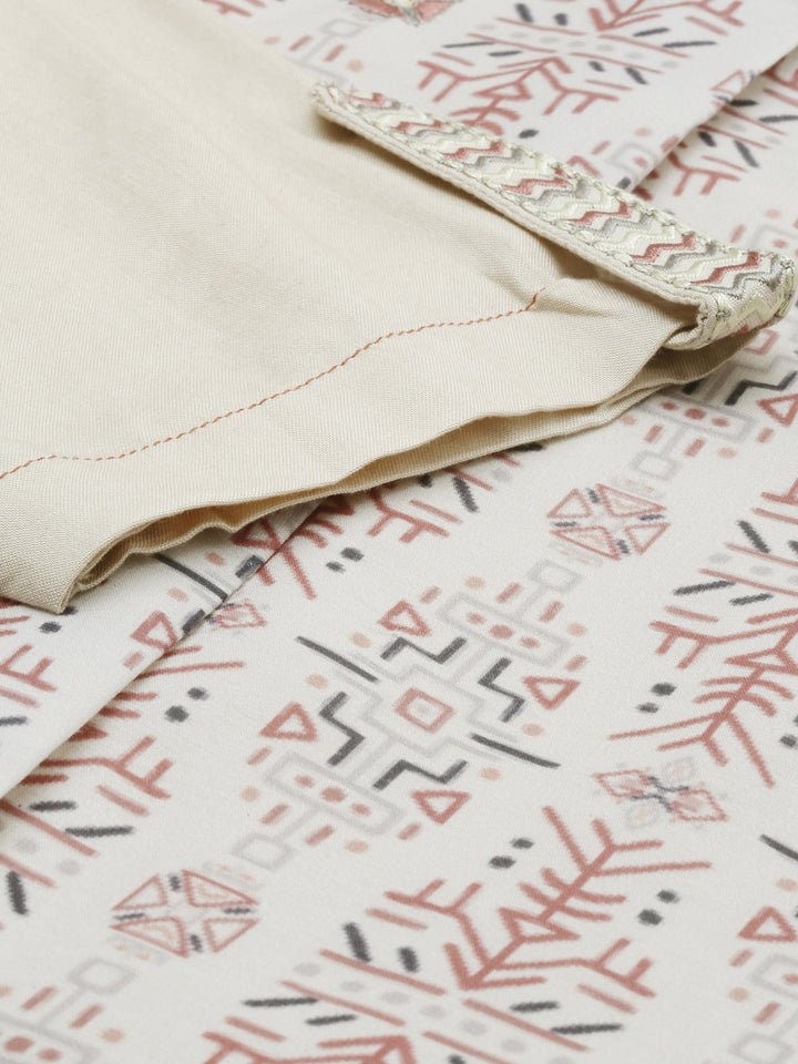 Neerus Beige muslin printed high-low kurta - detail view 1