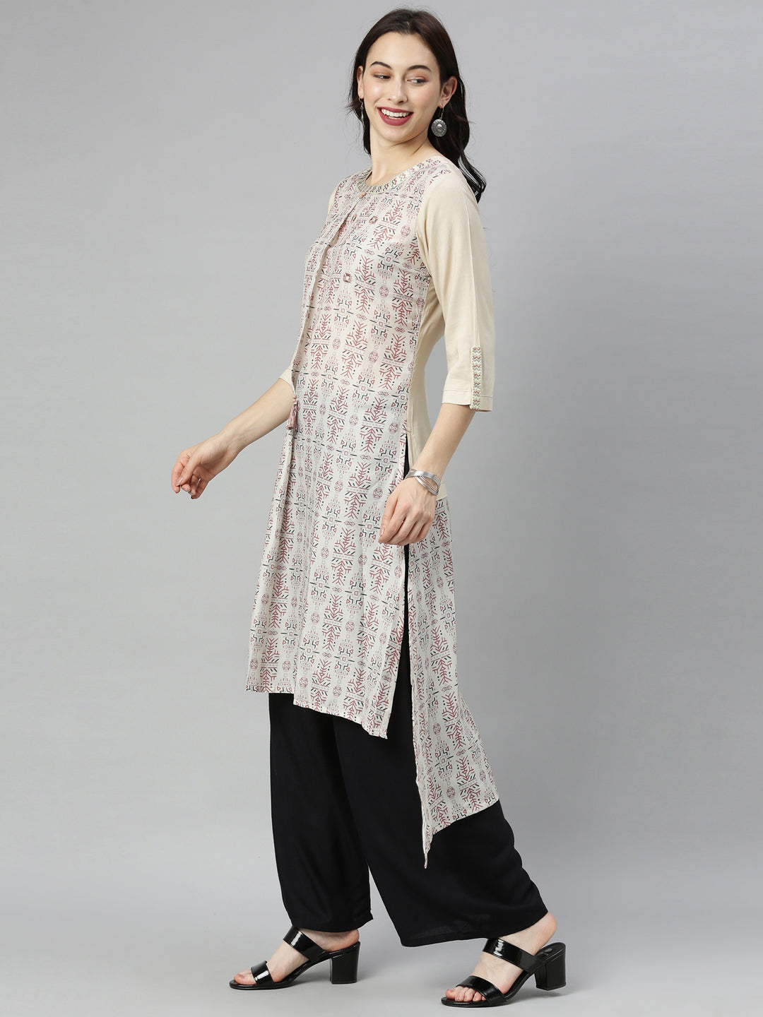 Neerus Beige muslin printed high-low kurta - detail view 2