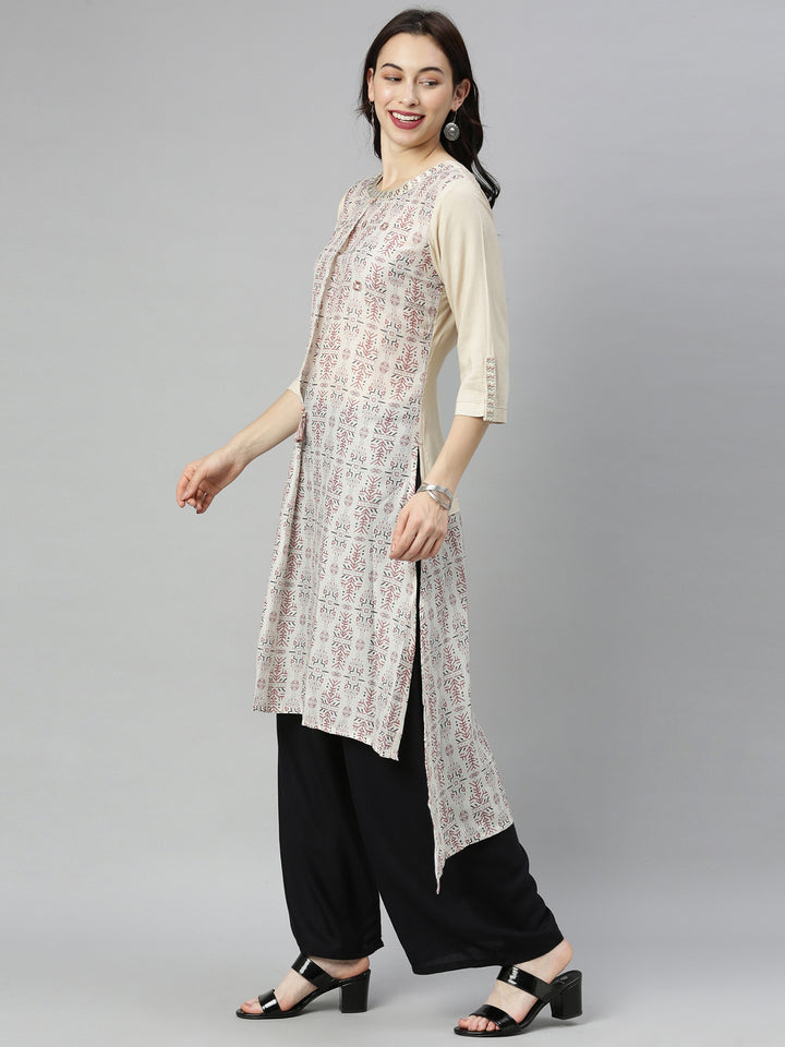 Neerus Beige muslin printed high-low kurta - detail view 2