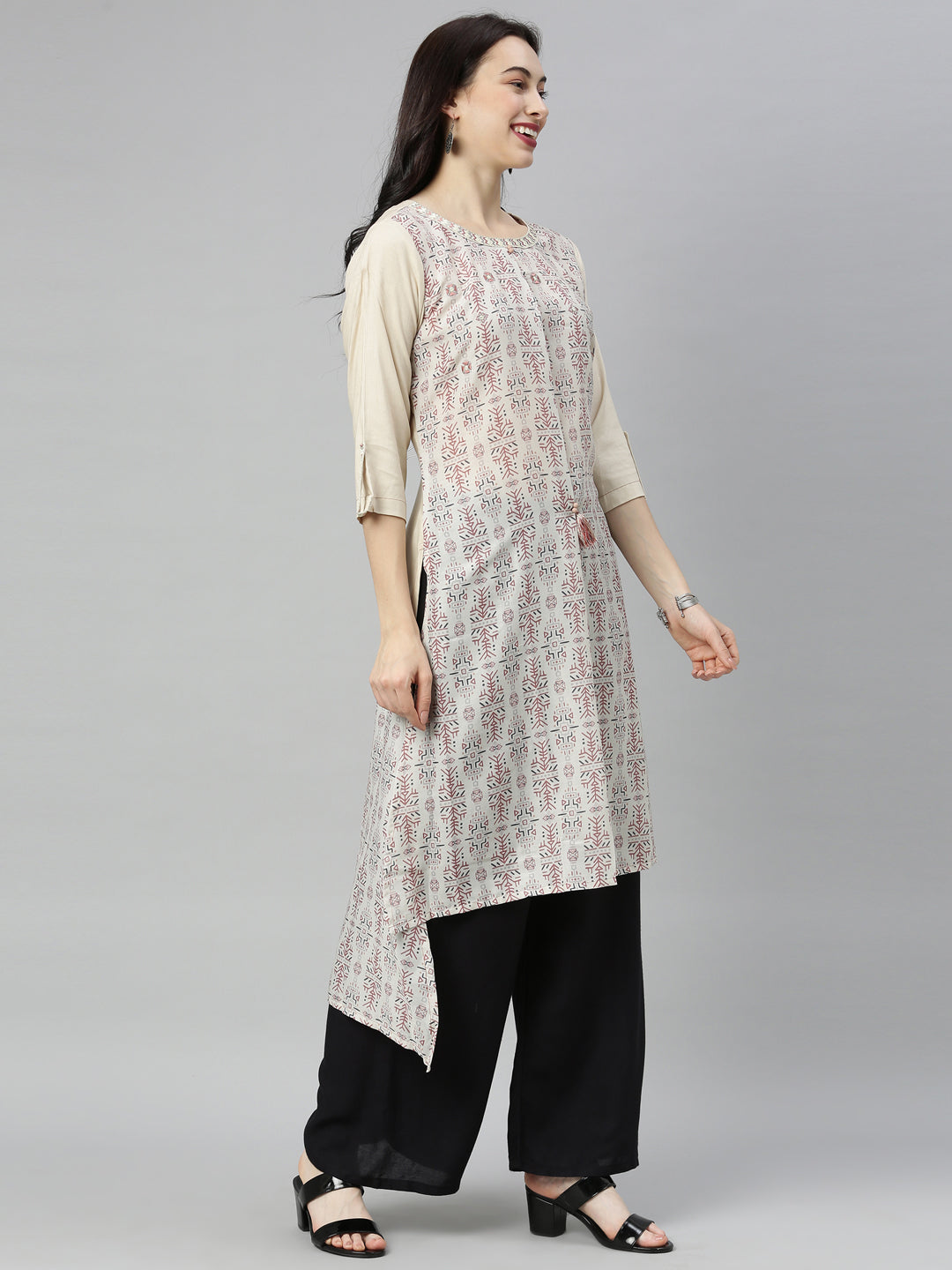 Neerus Beige muslin printed high-low kurta - detail view 3