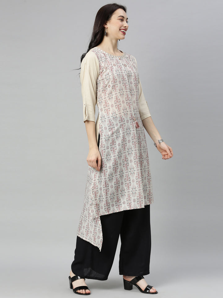 Neerus Beige muslin printed high-low kurta - detail view 3