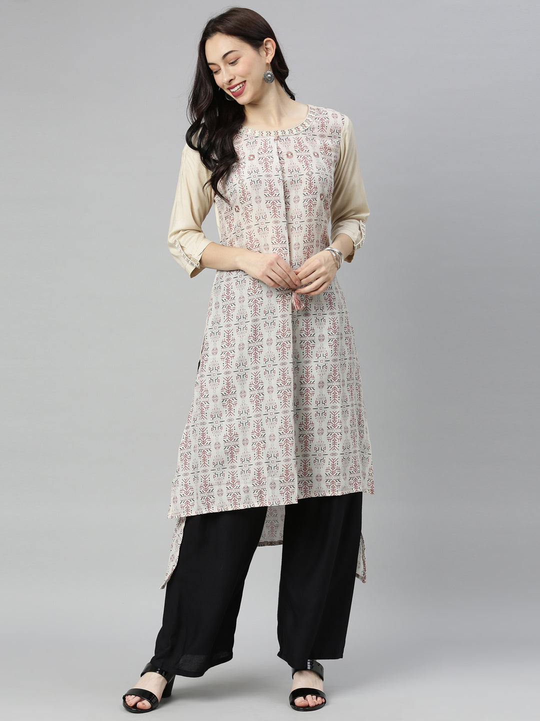 Neerus Beige muslin printed high-low kurta - detail view 5