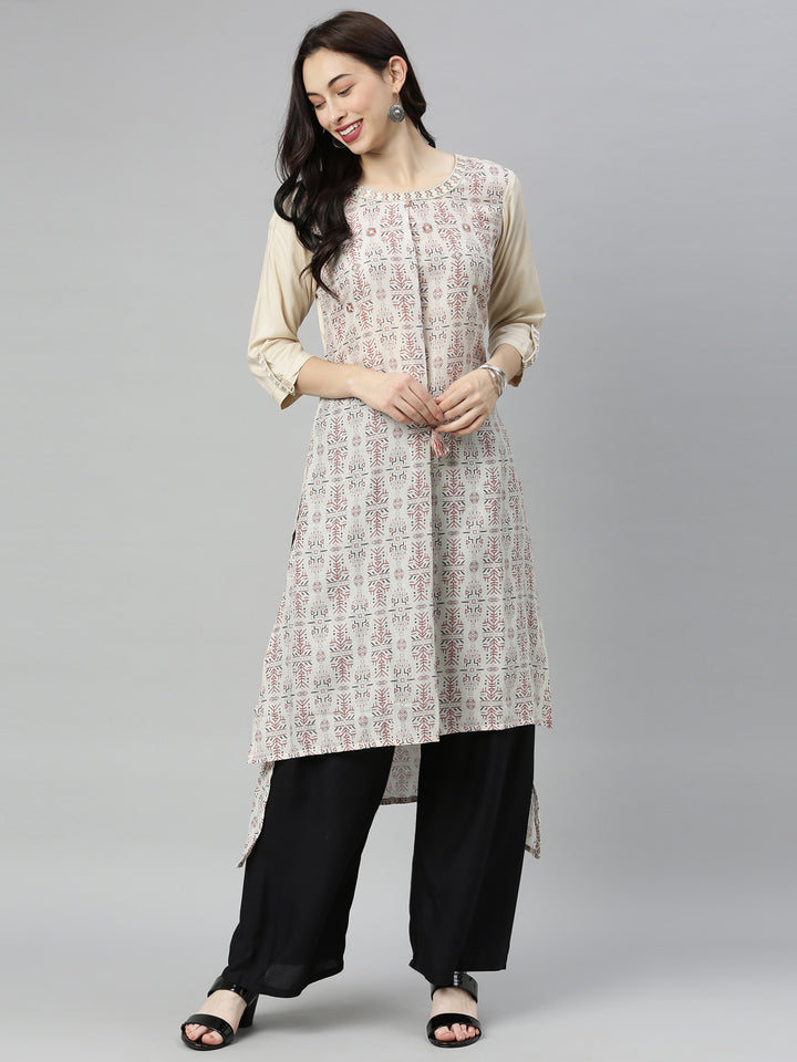 Neerus Beige muslin printed high-low kurta - detail view 5
