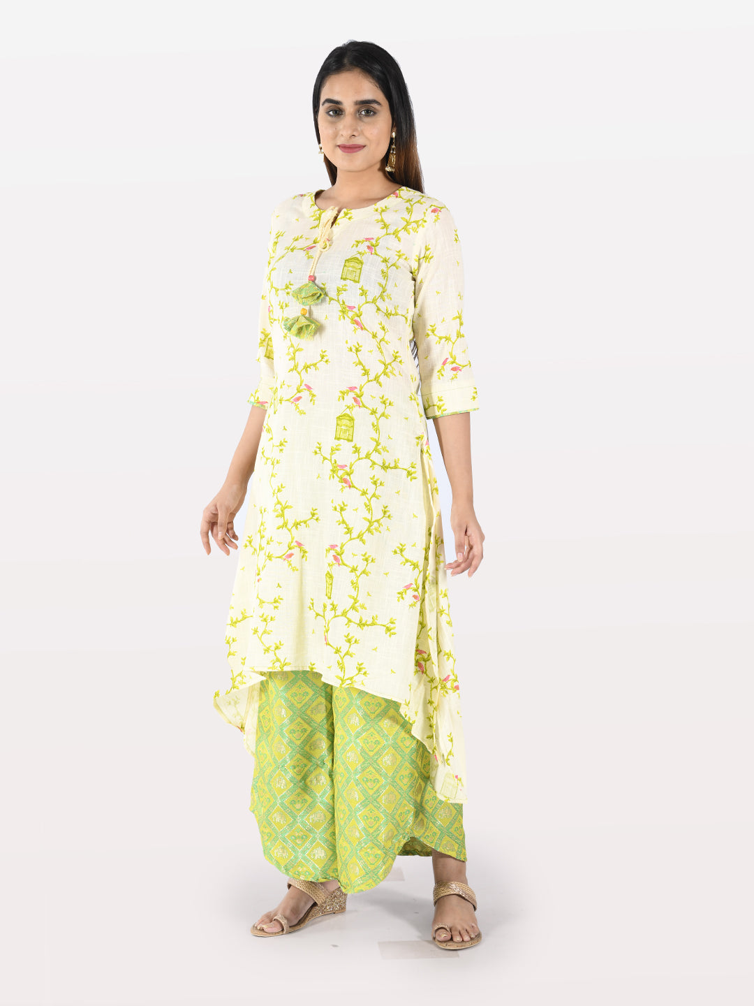 Neerus Women Cream-Coloured Green Printed Kurta With Palazzos