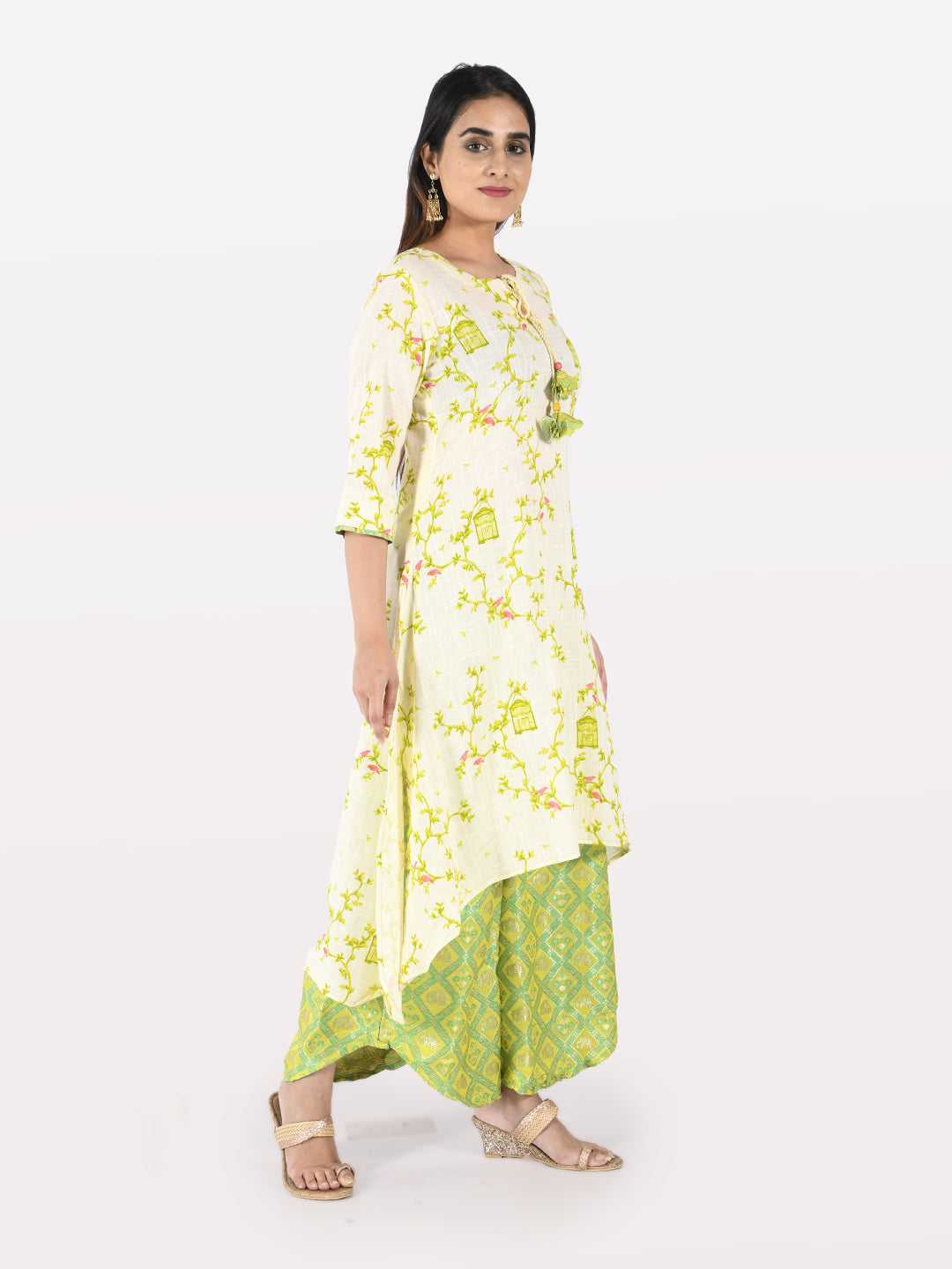 Neerus Women Cream-Coloured Green Printed Kurta With Palazzos