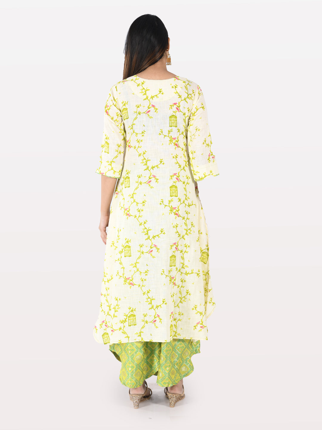 Neerus Women Cream-Coloured Green Printed Kurta With Palazzos