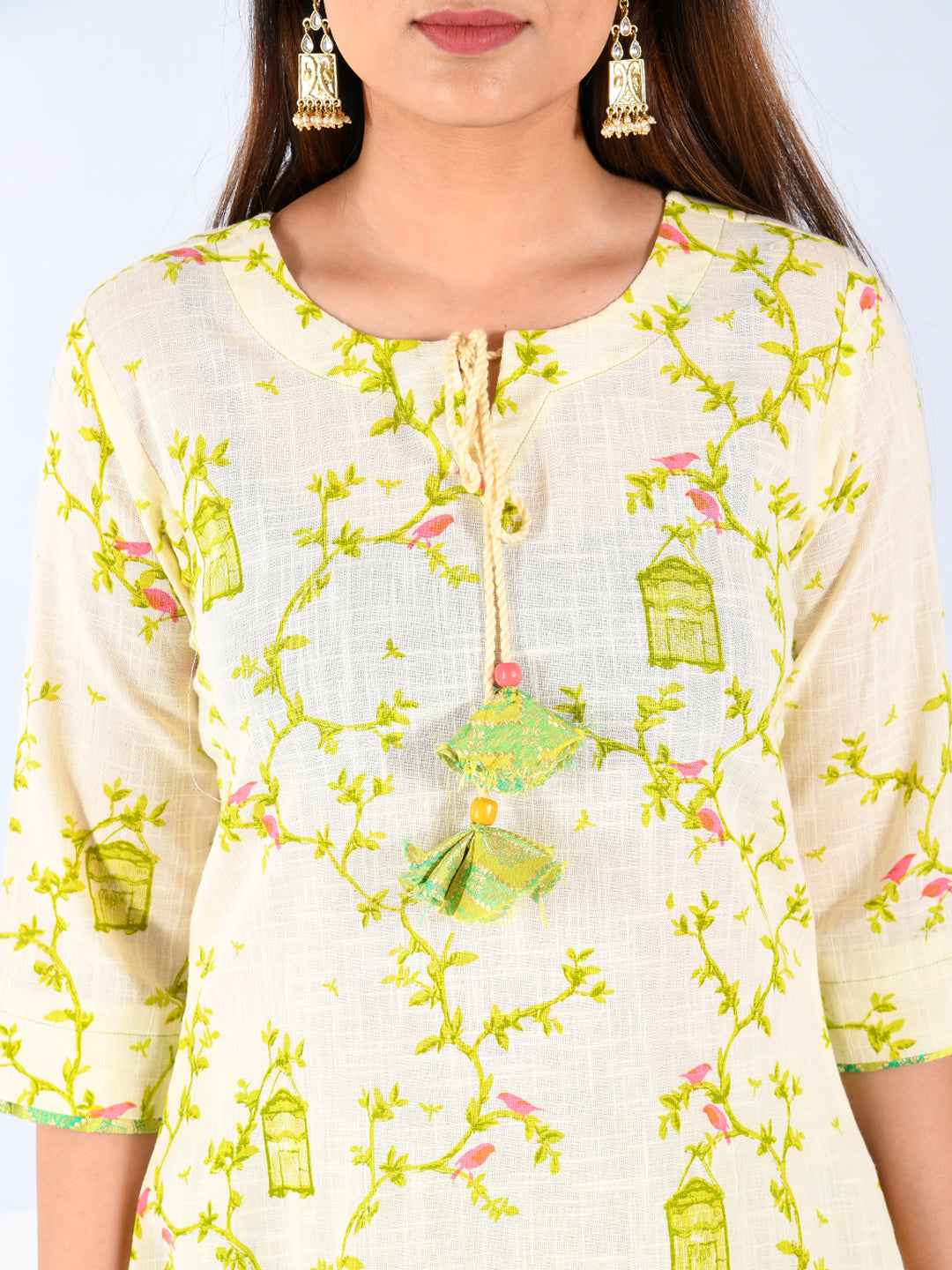 Neerus Women Cream-Coloured Green Printed Kurta With Palazzos