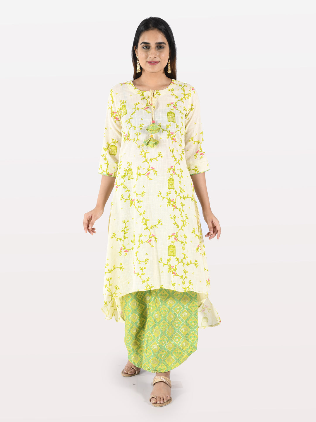 Neerus Women Cream-Coloured Green Printed Kurta With Palazzos