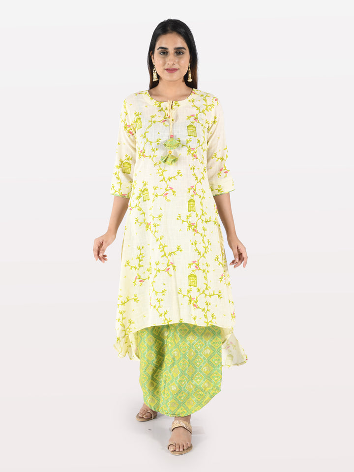 Neerus Women Cream-Coloured Green Printed Kurta With Palazzos