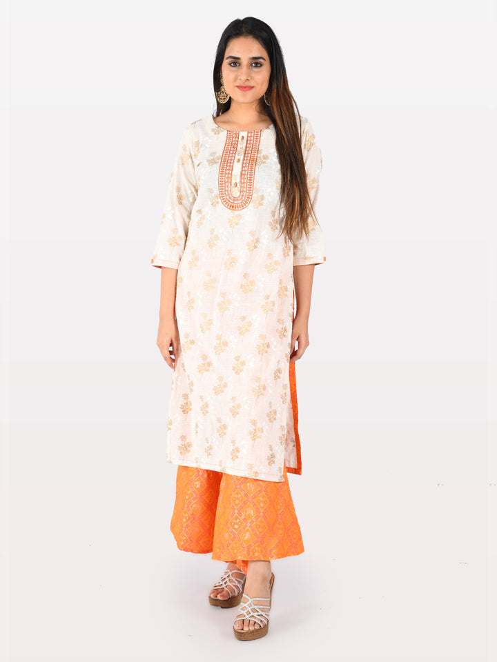 Neerus Cream & Orange Printed Kurta & Palazzo Set
