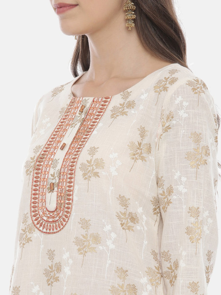 Neerus Cream & Orange Printed Kurta & Palazzo Set