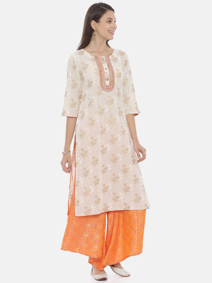 Neerus Cream & Orange Printed Kurta & Palazzo Set