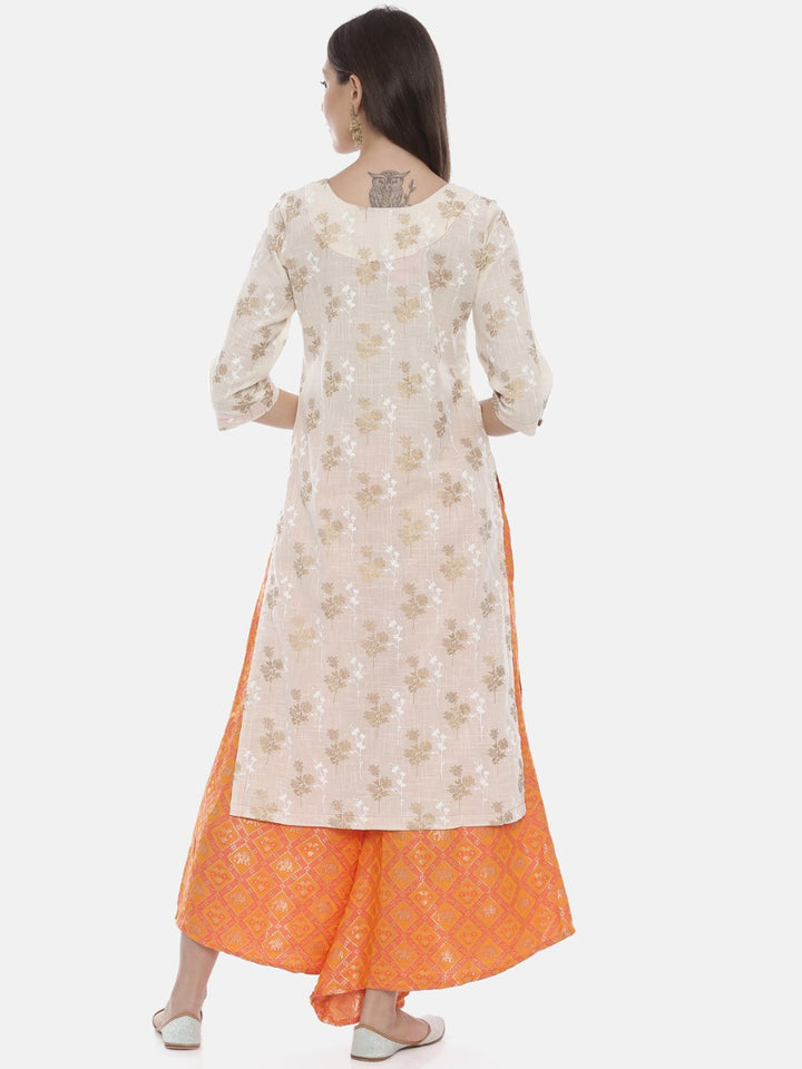 Neerus Cream & Orange Printed Kurta & Palazzo Set
