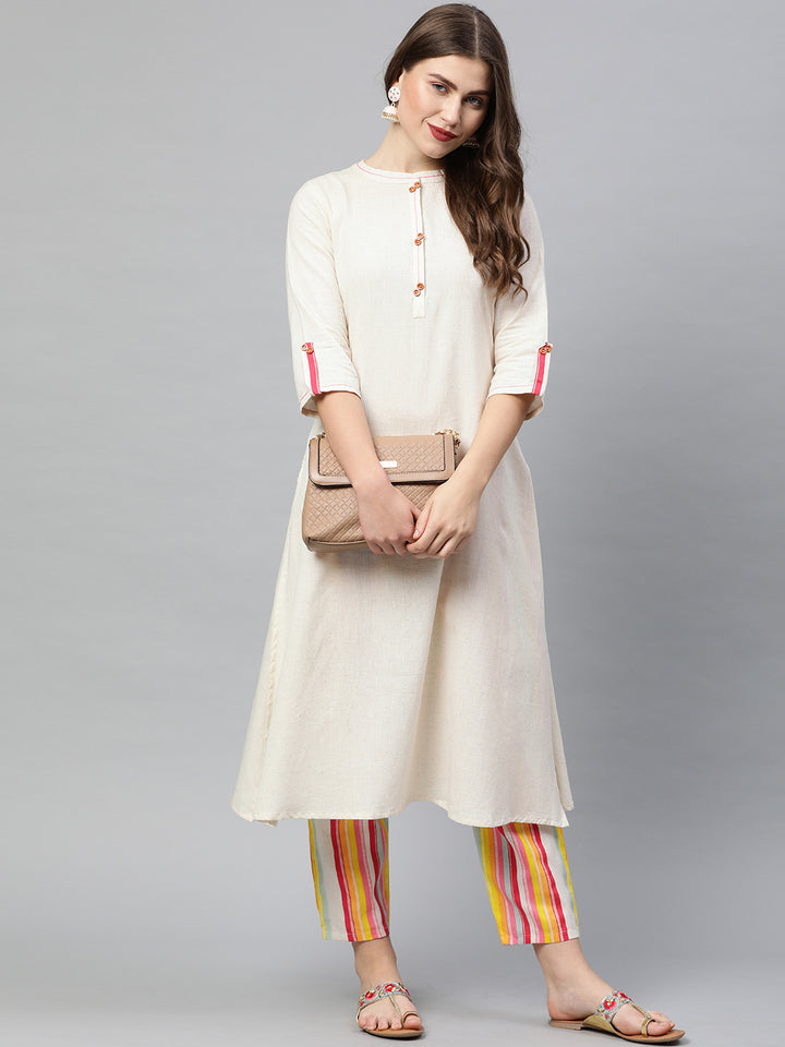 Neerus Off White Embroidered A Line Kurta