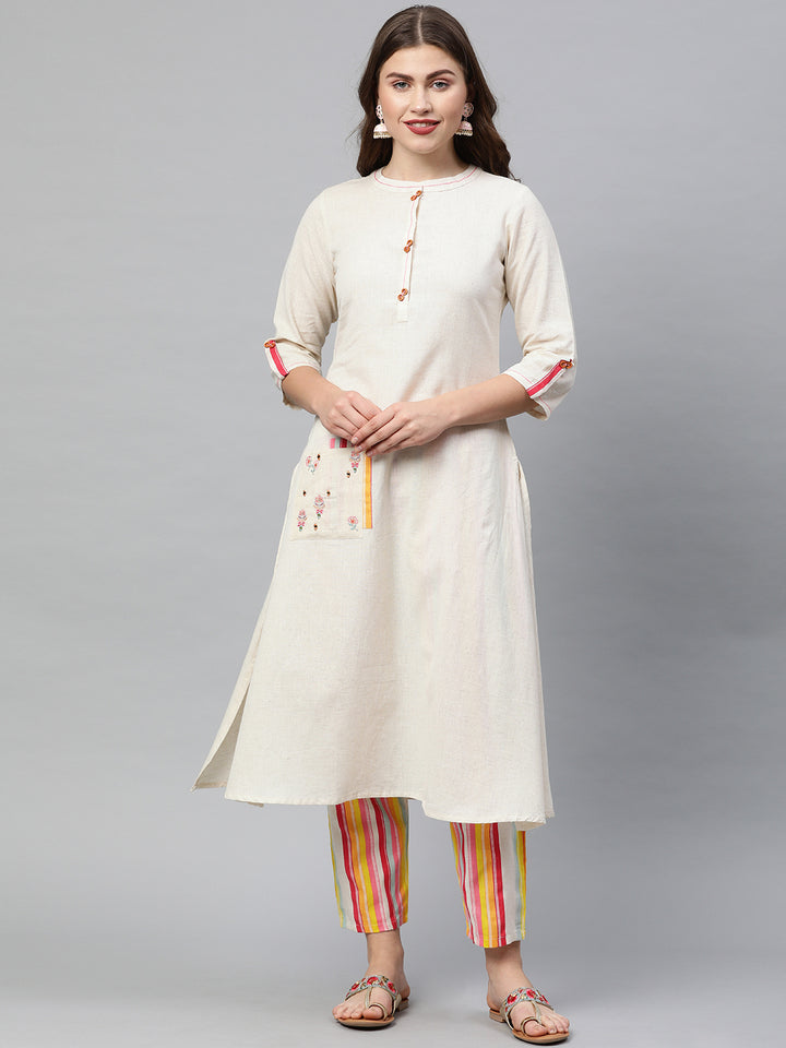 Neerus Off White Embroidered A Line Kurta