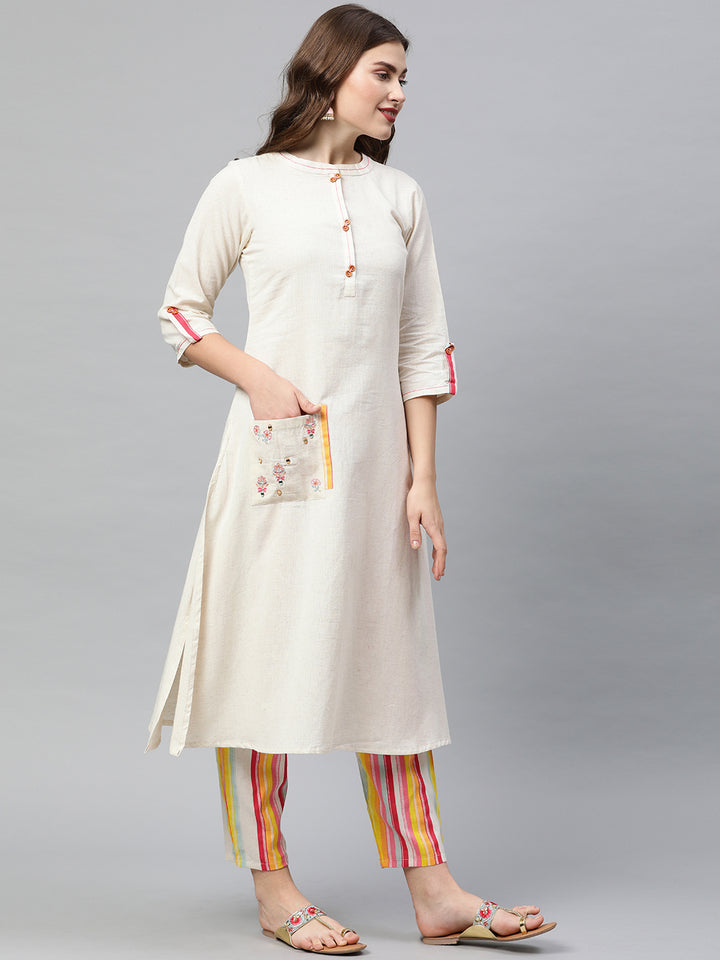 Neerus Off White Embroidered A Line Kurta