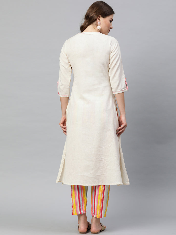 Neerus Off White Embroidered A Line Kurta