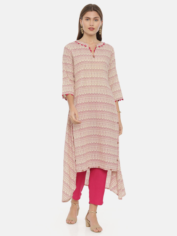 Neerus Beige Printed High Low Kurta