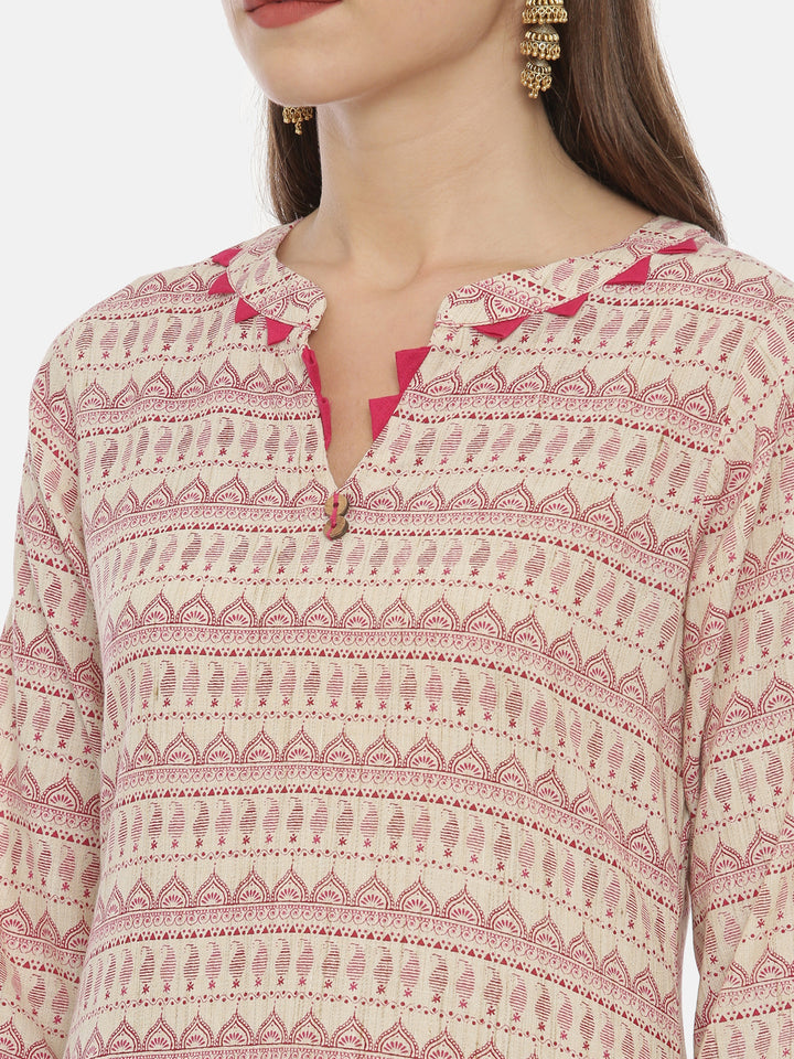 Neerus Beige Printed High Low Kurta