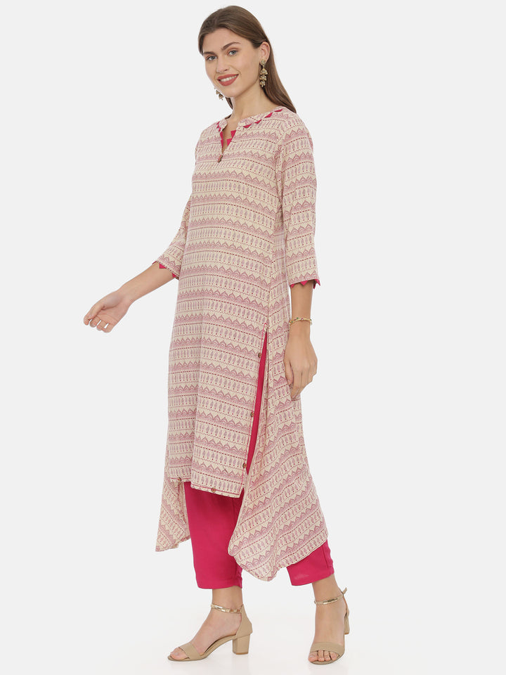 Neerus Beige Printed High Low Kurta