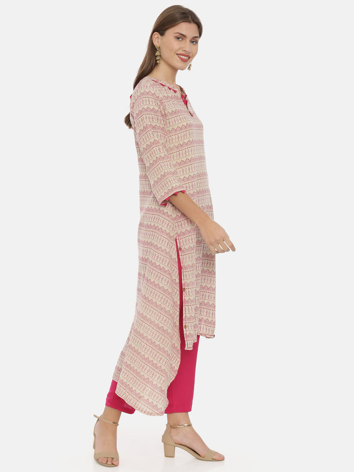 Neerus Beige Printed High Low Kurta