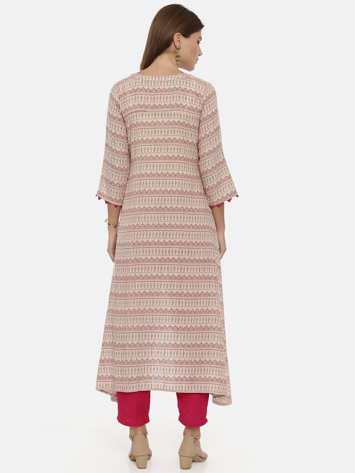 Neerus Beige Printed High Low Kurta